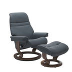 Serene Classic Recliner & Footstool - Batick Atlantic blue leather · Batick Atlantic blue leather · Walnut wood