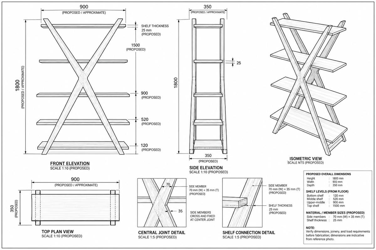 X Bookcase and shelves
