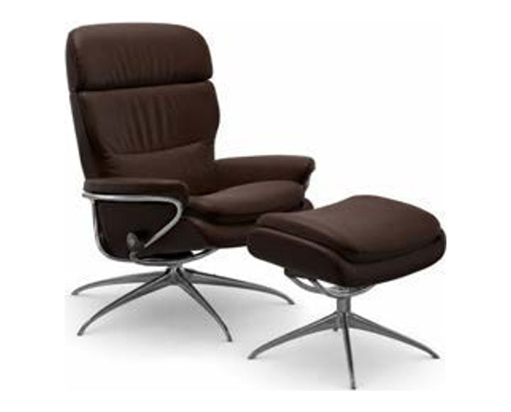 Vista Star-base Recliner & Footstool - Espresso leather · Espresso leather · Polished metal